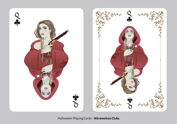 Halloween Spielkarten Clubs Queen Mädchen Mit Einer Waffe Aus Dem — Stockvektor