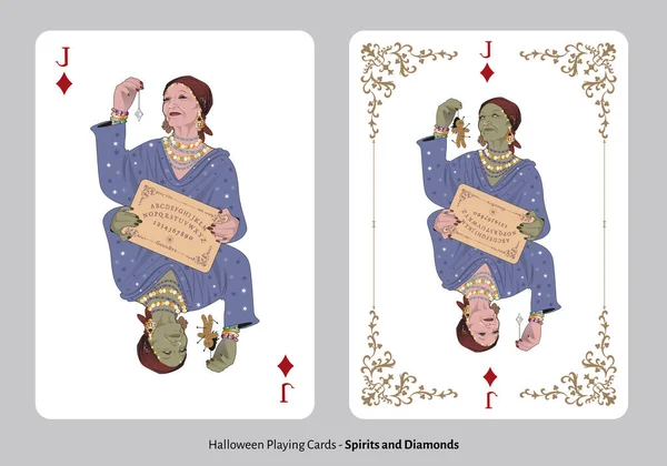 Halloween Spielkarten Diamonds Jack Pythonin Mit Diamant Pendel Und Ouija — Stockvektor