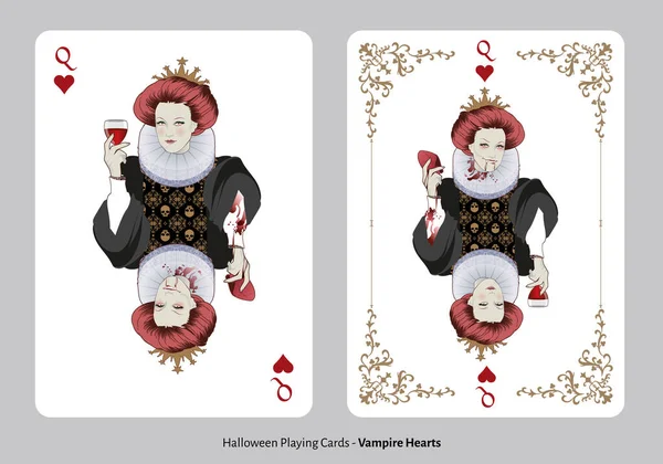 Halloween Spielkarten Herzkönigin Dame Alten Kleidern Mit Einem Glas Wein — Stockvektor