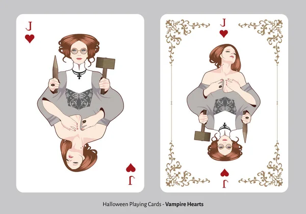 Halloween Spielkarten Herzbuben Vampirjägerin Mit Pfahl Und Hammer Bewaffnet Mit — Stockvektor