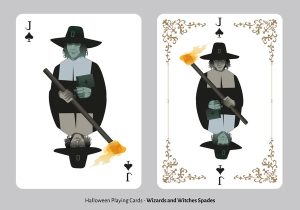 Halloween Giocare Carte Spades Jack Uomo Che Indossa Abiti Puritani — Vettoriale Stock