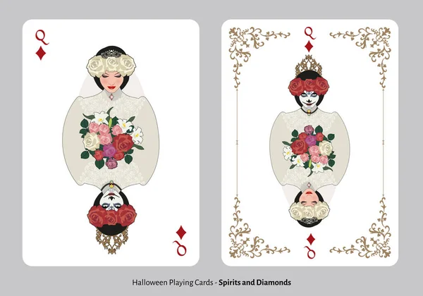 Halloween Jugando Las Cartas Reina Los Diamantes Joven Novia Con — Vector de stock