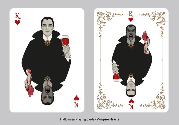 Cartas Halloween Corações King Vampiro Segurando Copo Vinho Mostrando Suas —  Vetores de Stock