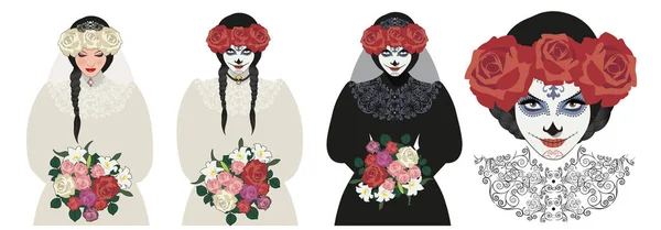 Три Версии Женщины Одетой Древнюю Одежду Светлую Темную Несущей Цветы — стоковый вектор
