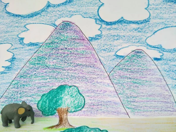 colorful drawing of a landscape with a elephant miniature on a paper.