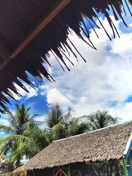 Piękna Tropikalna Plaża Palmami Błękitnym Niebem — Zdjęcie stockowe