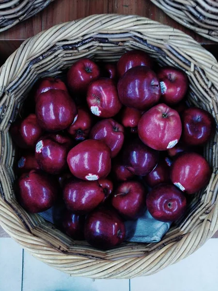 Fresh Ripe Red Apples Basket Wooden Background — Fotografia de Stock