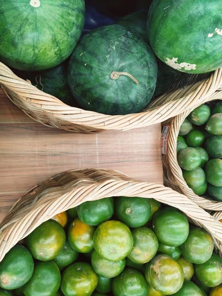 Fresh Green Yellow Fruits Market Orange Water Melon — Fotografia de Stock