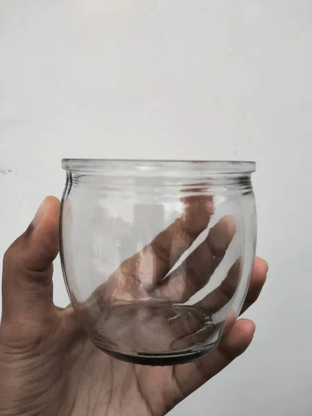 Hand Holding Jar Water White Background — Foto Stock