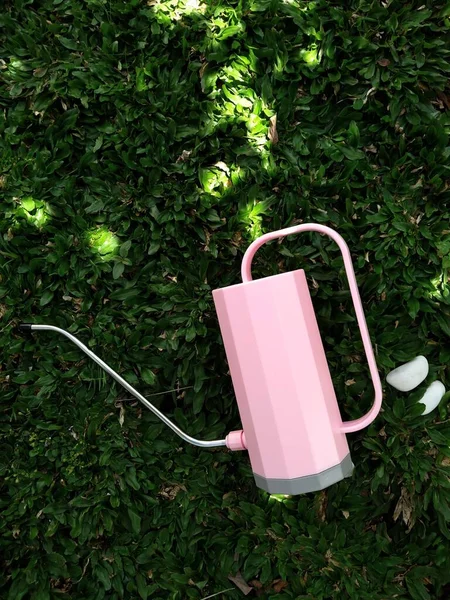 Pink Watering Can Gardening Tools Green Grass — ストック写真