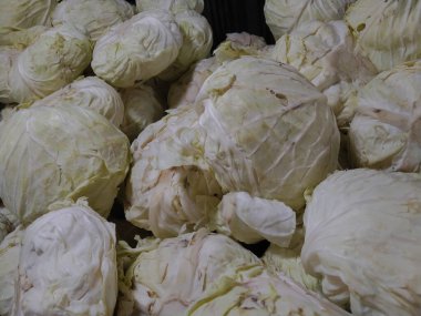 Yeni hasat edilmiş ve pazarda satılmaya hazır beyaz lahana koleksiyonu..