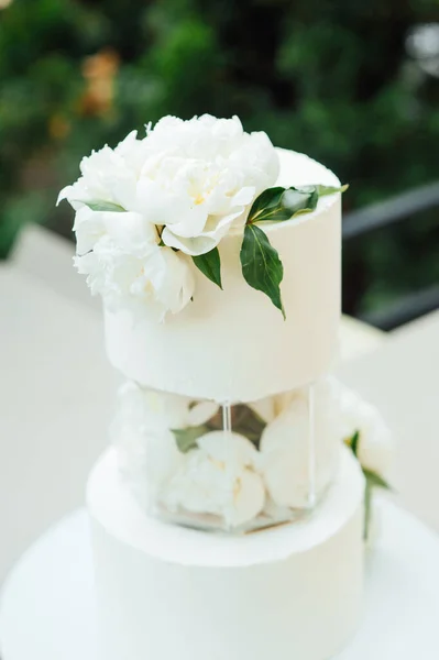 Gâteau de mariage près de l'arche pour la cérémonie du soir — Photo