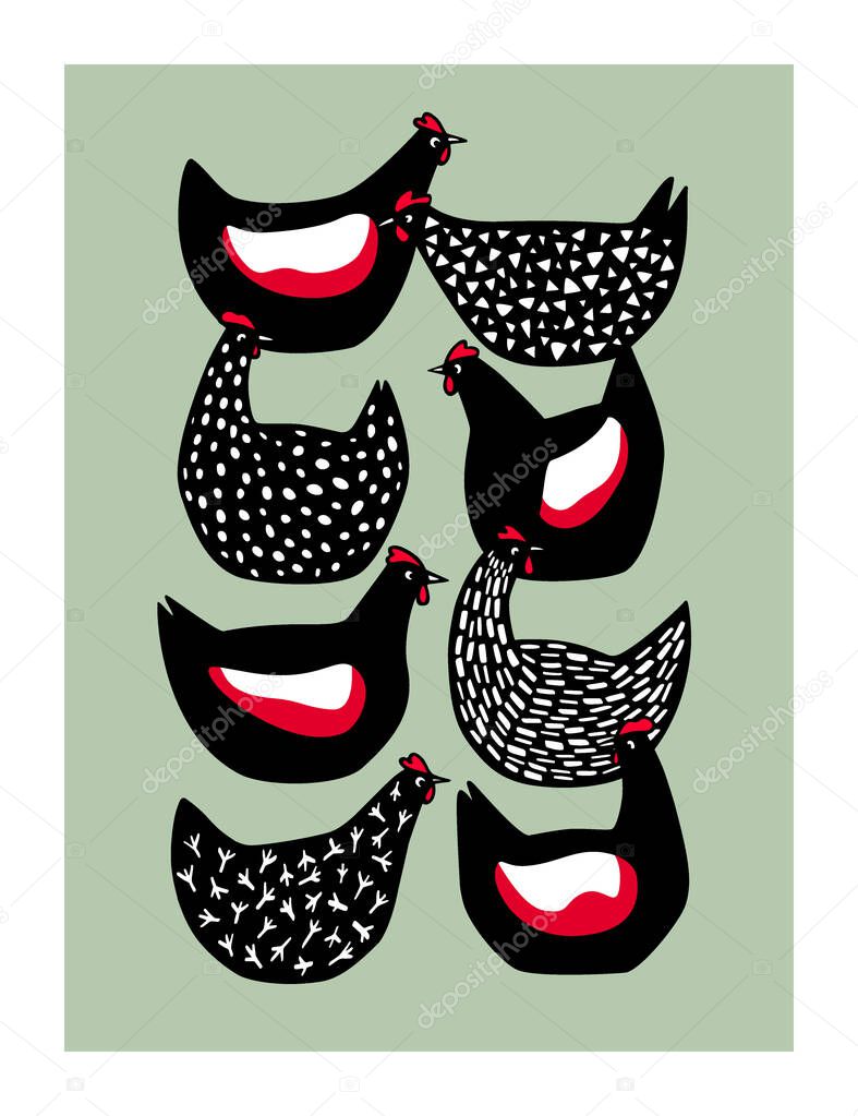 Vector card with hand drawn cute black and speckled hens on their eggs. Beautiful design elements, ink drawing, chicken farm logo template