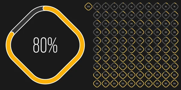 Webデザイン ユーザーインターフェイスUi またはインフォグラフィックのための0から100までの長方形のパーセント図メーターのセット 黄色のインジケータ — ストックベクタ