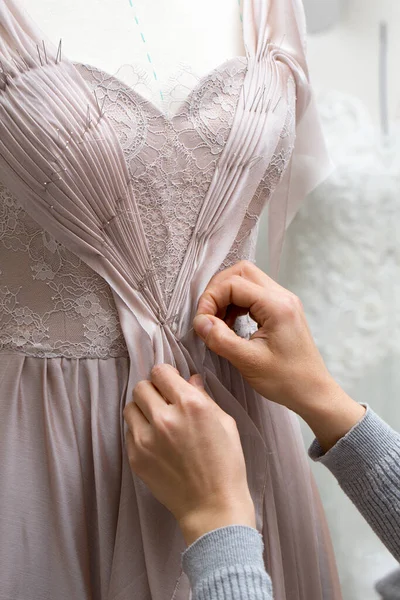 Woman Sewing Clothes Herself — Stock Photo, Image