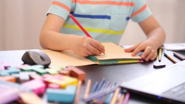 Programından öğren. Uzaktan öğrenme çevrimiçi eğitim. Bir okul çocuğu evde ders çalışır ve okul ödevi yapar. Evden öğrenme.