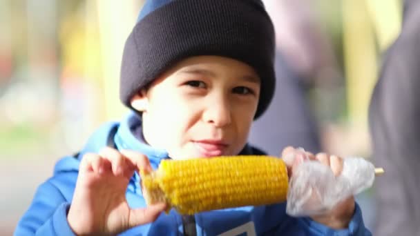 Діти в осінньому парку. Хлопчик Тоддлер їсть кукурудзяну закуску за межами природи. Портрет немовляти, що їсть здорову їжу . — стокове відео