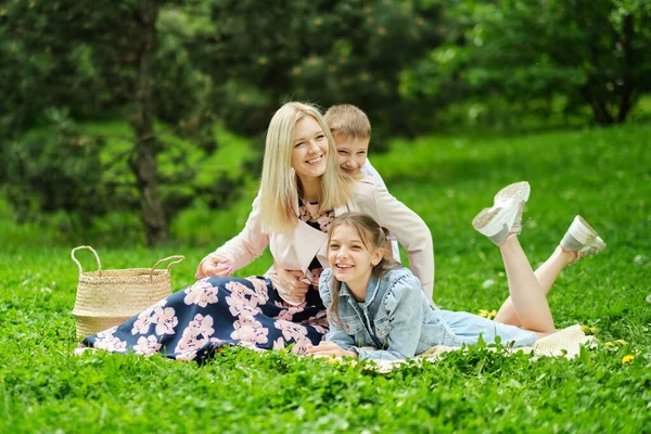 Rodzina spędza weekend w przyrodzie. szczęśliwa rodzina na zewnątrz na trawie w parku. Matka Nosząca Syna i Córkę Jak Grają W Parku. miękkie skupienie — Zdjęcie stockowe