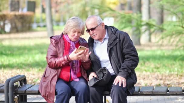 Glad senior par skrattar och spännande med något i smartphone mobil medan du sitter i parken — Stockvideo