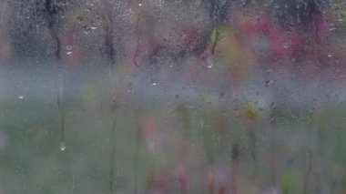 Yağmur günleri, pencere yüzeyine yağan sağanak yağmurlar. Kötü hava konsepti.