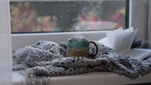 Videó bezárása. Gőzölgő kávéscsésze esős nappali ablak háttér. hangulatos hangulat, hideg időben. Esős nap hangulata. — Stock videók