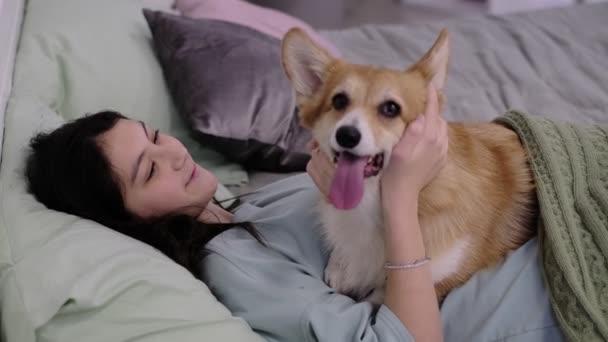 Joven adolescente relajándose en la cama con su perro. feliz adolescente chica perro propietario jugar con cachorro al aire libre.Cute pareja divertida. — Vídeos de Stock