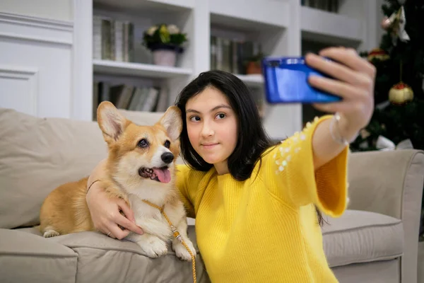 Девочка-подросток делает селфи со своей собакой дома. Любитель собак с домашним животным. Современные технологии, люди и животные. — стоковое фото