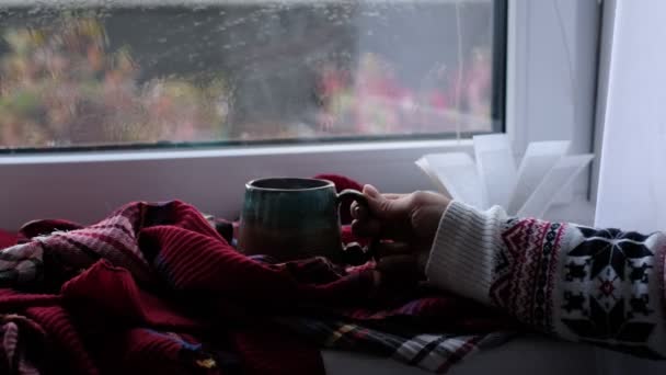 Sluit de video. Dampende koffiekop op een regenachtige achtergrond. gezellige sfeer, bij koud weer. Regendag Mood. verwarmende huiselijke sfeer — Stockvideo