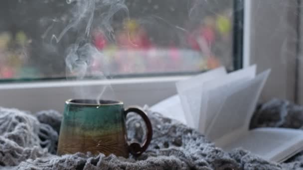 Cierra el video. Taza de café al vapor sobre un fondo de ventana de día lluvioso. ambiente acogedor, en clima frío. El estado de ánimo del día lluvioso. calentamiento ambiente en casa — Vídeo de stock