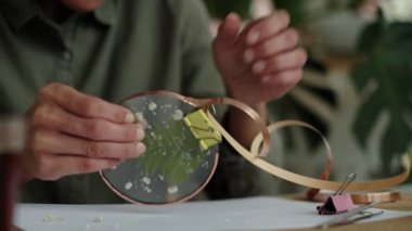 Kadın cam levhaları tamir ediyor. Kurumuş çiçek resmi. Herbaryum ile mozaik cam tekniğinde usta sınıf..