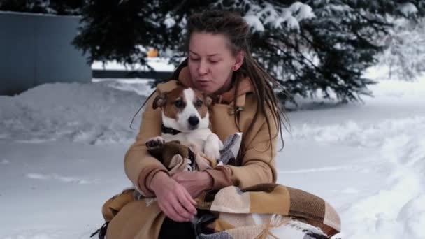 犬と遊ぶ女。スタイリッシュなヒップスター女性は雪の寒い冬の公園でかわいいジャック・ラッセル・テリアを抱きかかえて笑っています。真の幸せの瞬間. — ストック動画