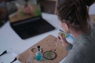 Profesyonel aletlerle ev dekorasyonu yap. Stüdyoda Noel ağacı oyuncağı yapan aletlerle çalışan ev dekorasyonu tasarımcısı. Kadının internetteki videoda eğitildiği yakın çekim..