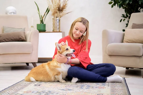 Nettes kleines Mädchen umarmt Corgi Hund mit liebevollen Augen geschlossen, lächelnd. Hundefreund mit Haustier. Weiche selektive Fokussierung Stockfoto