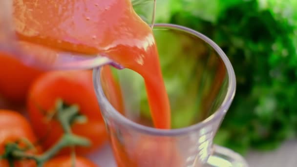 Tomato juice with sprig of tomatoes on background. Tomato juice is poured into a glass. slow motion — Stock Video