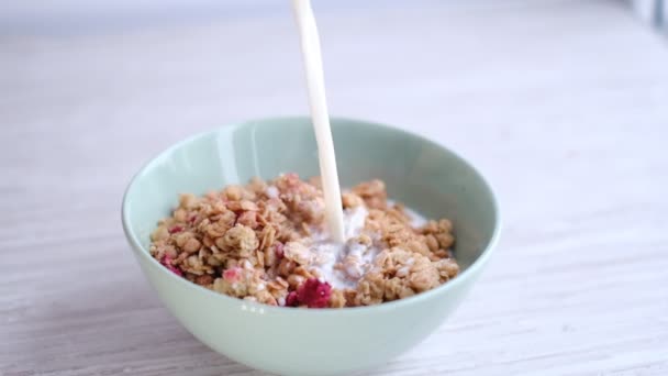 Pouring milk in a bowl of granola. Close-up shooting stock footage. slow motion — Video Stock