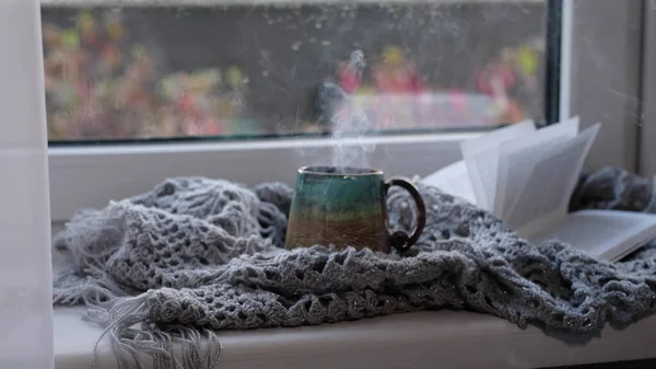 Tazza di caffè fumante su uno sfondo finestra giorno piovoso. atmosfera accogliente, con il freddo. L'umore del giorno della pioggia. riscaldamento dell'atmosfera domestica — Foto Stock