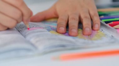 Evde kalemle bir Yetişkin boyama kitabı çizmek. Kalem tutan ve yetişkin boyama kitabını boyayan bir elin renkli videosu. Kişi bir illüstrasyon çiziyor