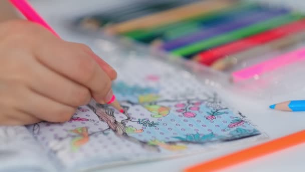 Vuxna Teckningar för barn uppkopplad. kvinna färgar en illustrativ och detaljerad mönster för stress lindra för vuxna. — Stockvideo