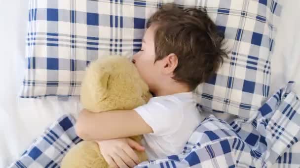 Mały chłopiec po spaniu w łóżku z zabawką. matka głaska dziecko, ciężarna kobieta śni o niespokojnym synu. — Wideo stockowe
