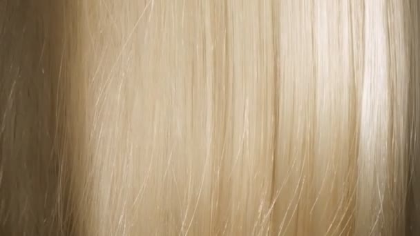 Schöne gesunde blonde Haare. Eine Nahaufnahme von einem Haufen glänzend glatten blonden Haaren in einem gewellten Stil. Zeitlupe glatt fließende Haare flattern — Stockvideo
