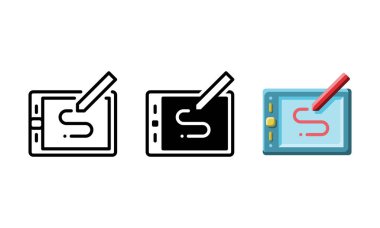 Tablet simgesi çiziliyor. Taslak, kabartma ve düz stil ile