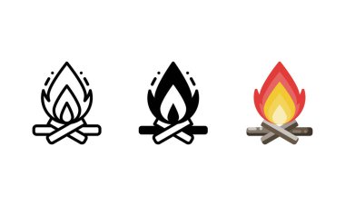 Şenlik ateşi ikonu. Taslak, kabartma ve düz stil ile.