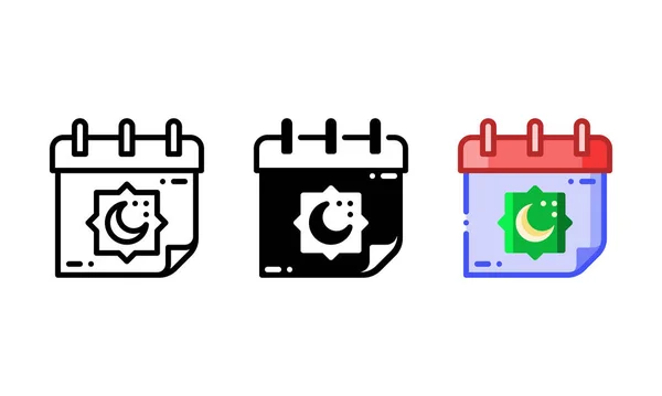 Hijri calendar icon. With outline, glyph, and filled outline styles