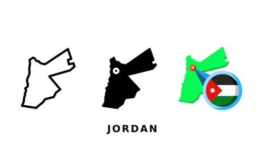 Ürdün bayrağı ve ülke ikonu. Taslak, kabartma ve düz stil ile