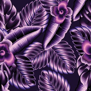 Muz yapraklı, soyut, dikişsiz mor tropikal desen, canavar bitkileri ve koyu arkaplan yaprakları. Doğal tasarım modeli. Tropik duvar kağıdı. Çiçek arkaplan. Yaz tasarımı. Egzotik orman
