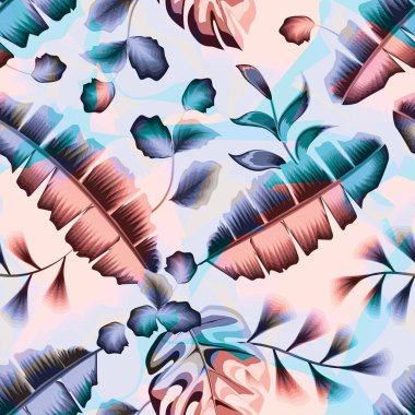 Muz yaprakları renksiz ve soyut arka planda tropikal bitki yaprağı var. Yeşillik arkaplan modeli. Elle çizilmiş bitki elementi ile kusursuz desen. Yaz bahçesi dokusu. Doğal