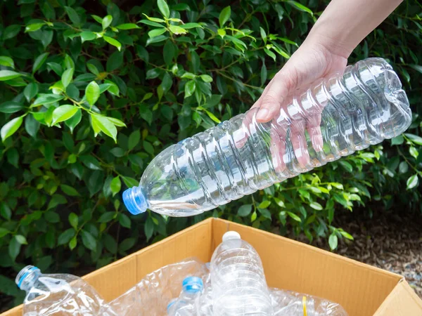 Geri dönüşüm konsepti için plastik şişeleri ve poşetleri toplayan bir kadın..
