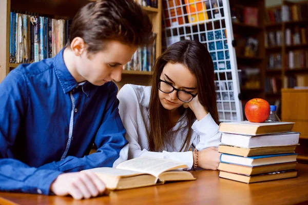 Öğrenciler kütüphanede bir sürü kitapla birlikte çalışıyorlar.