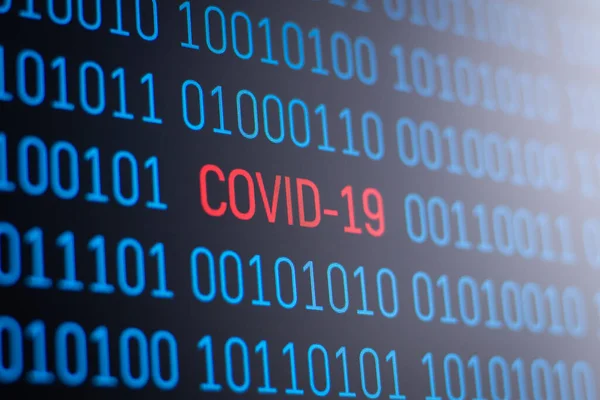 コロナウイルスのバイナリコードを持つコンピュータの画面 現代のコンピュータ技術を用いてCovid 19を学ぶ概念 — ストック写真