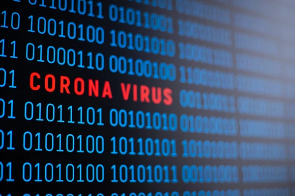 计算机屏幕上的二进制代码在代码的中间刻有Coronavirus 珊瑚病毒爆发的符号 — 图库照片